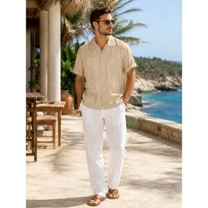 The Havanera Co. Stone Embroidered Guayabera Shirt Mens L Vtg Resort Trad Miami